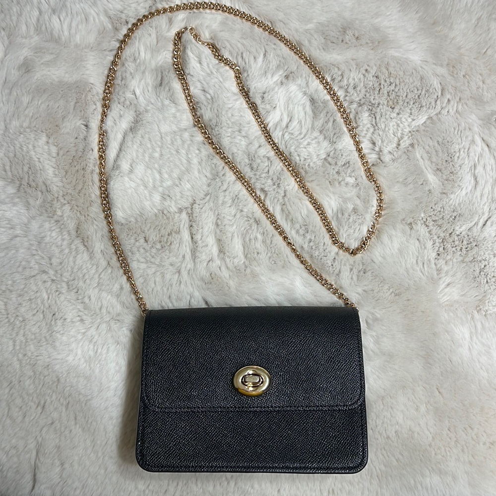Coach black leather cross body bag with heavy gold chain